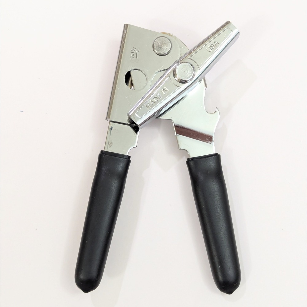 EZ-DUZ-IT Made In USA Manual Can Bottle Opener Black Grip Handles 7"